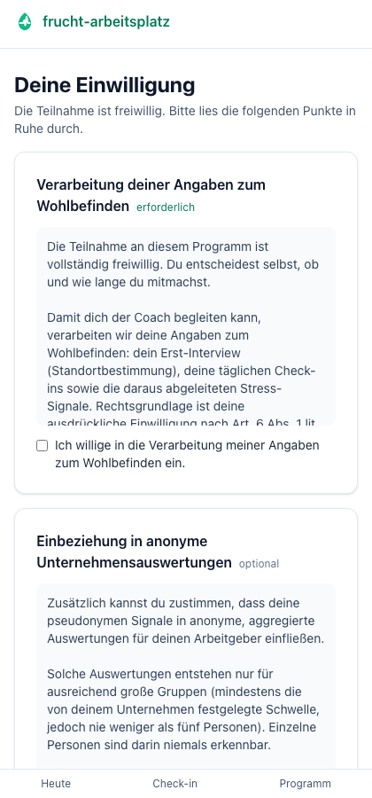 Einwilligungs-Bildschirm der App